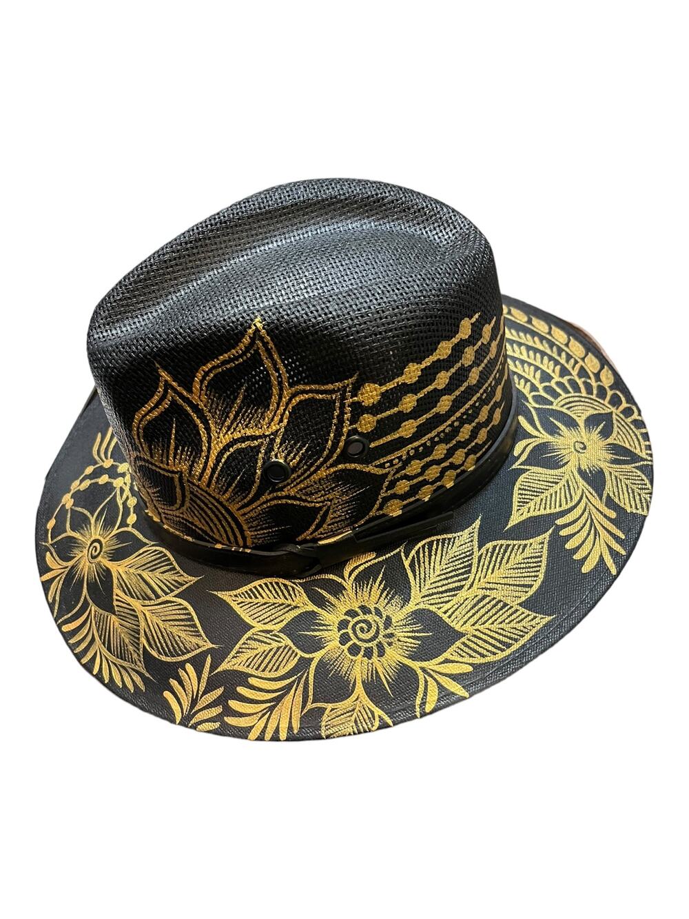 HAT MEXICAN Artisanal Hand Painted Fedora Floral Sombrero Panama Bohemian Black